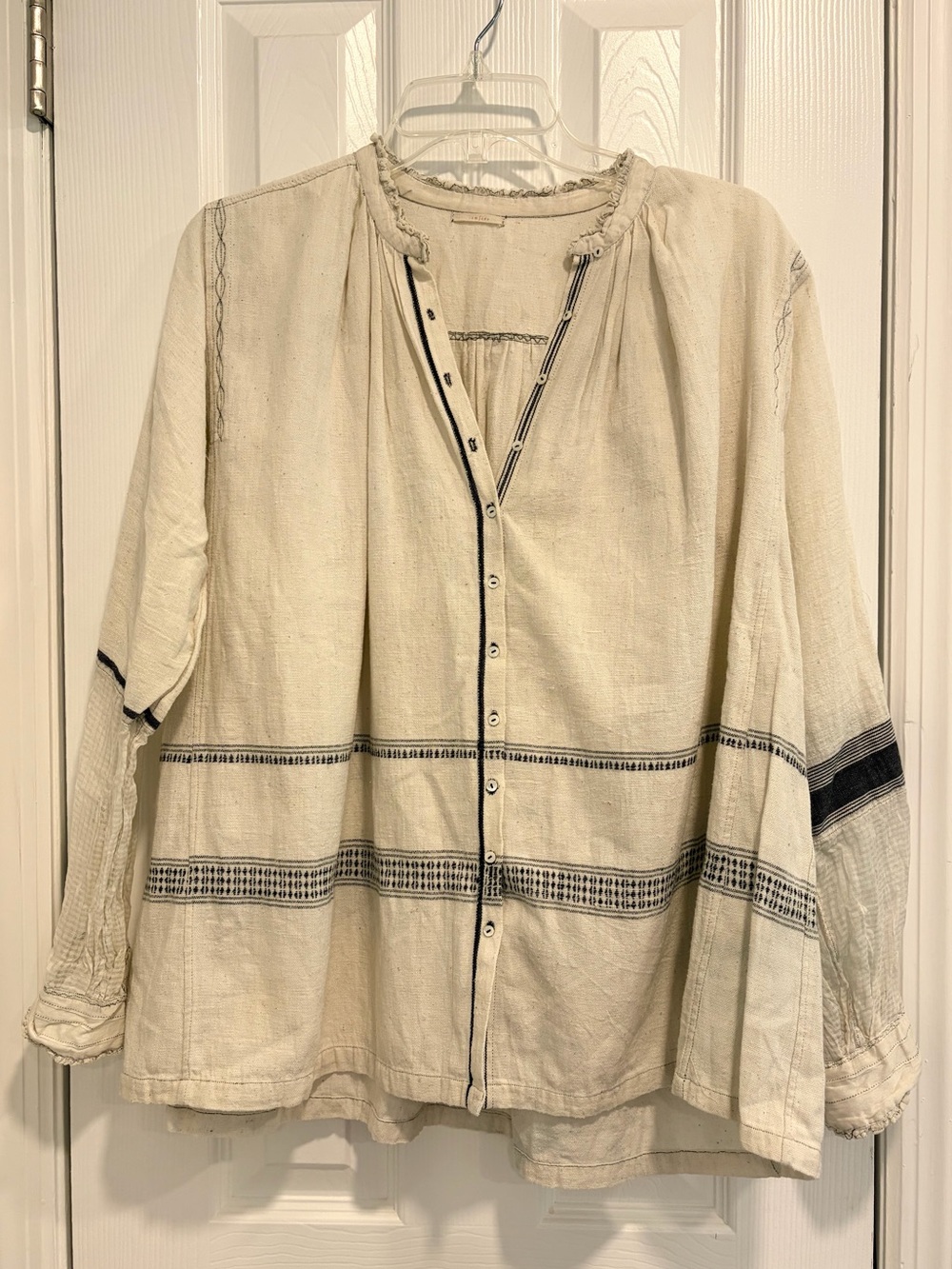 Injiri Cream Cotton Button-Front Peasant Blouse with Navy Trim Size 38 Large